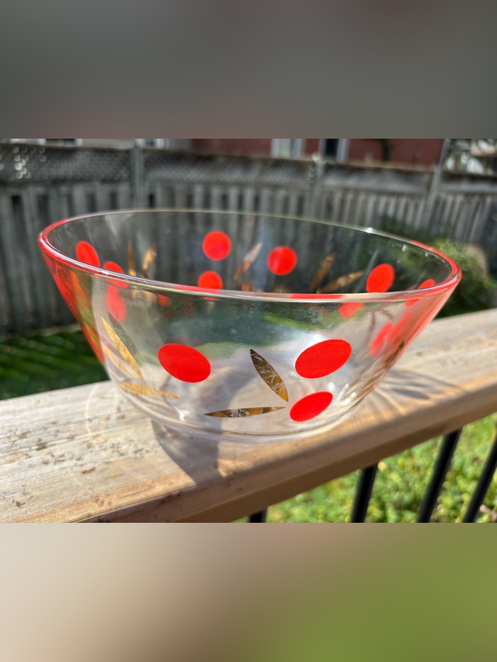 Vintage Mid-Century Modern Chip & Dip Salad Bowl – Red Polka Dot & Gold Leaf